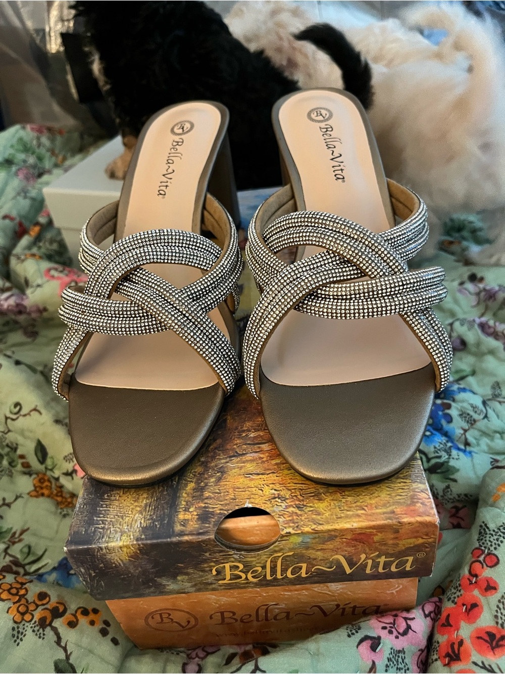 Bella Vita Silver Knotted Rhinestone Slide Mules